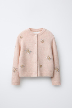 ZARA КАРДИГАН С ЦВЕТОЧНЫМИ БУСИНАМИ, ЦВЕТ РОЗОВОГО ДЕРЕВА