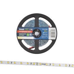 ULS-2835-60LED-m-8mm-IP20-DC24V-6W-m-5M-WW Гибкая светодиодная лента на самоклеящейся основе. Катушка 5 м. в герметичной упаковке. Теплый белый свет 3000K. ТМ Uniel.