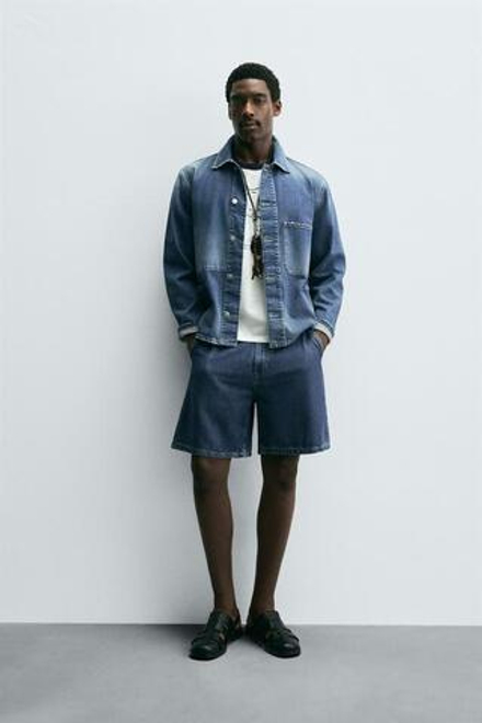 ZARA ЛЕГКИЕ ДЖИНСОВЫЕ ШОРТЫ STRAIGHT FIT, СИНИЙ