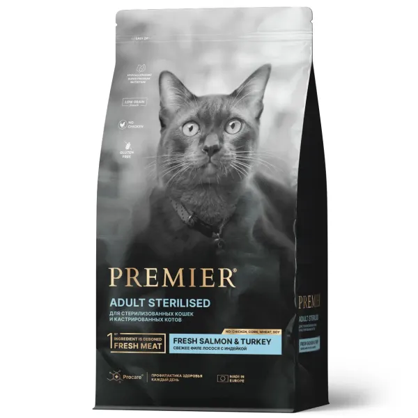 Уценка! Срок 04.05.26/ Сухой корм Premier Cat Salmon&Turkey Sterilised для стерилизованных кошек из свежего филе лосося с индейкой