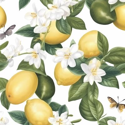 Лимоны, листья и бабочки на белом фоне. Цветы жасмина.