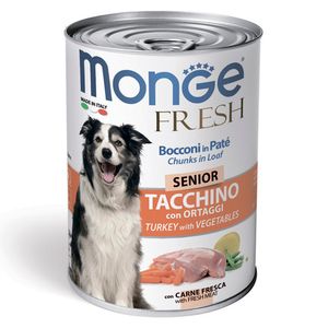 Влажный корм Monge Dog Fresh Chunks in Loaf для пожилых собак, мясной рулет из индейки с овощами, консервы 400 г