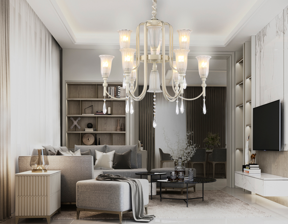 Подвесная люстра с хрусталем TR3248/9 BG/GD/FR бежевый/золото/белый матовый E14*9 max 40W D735*720