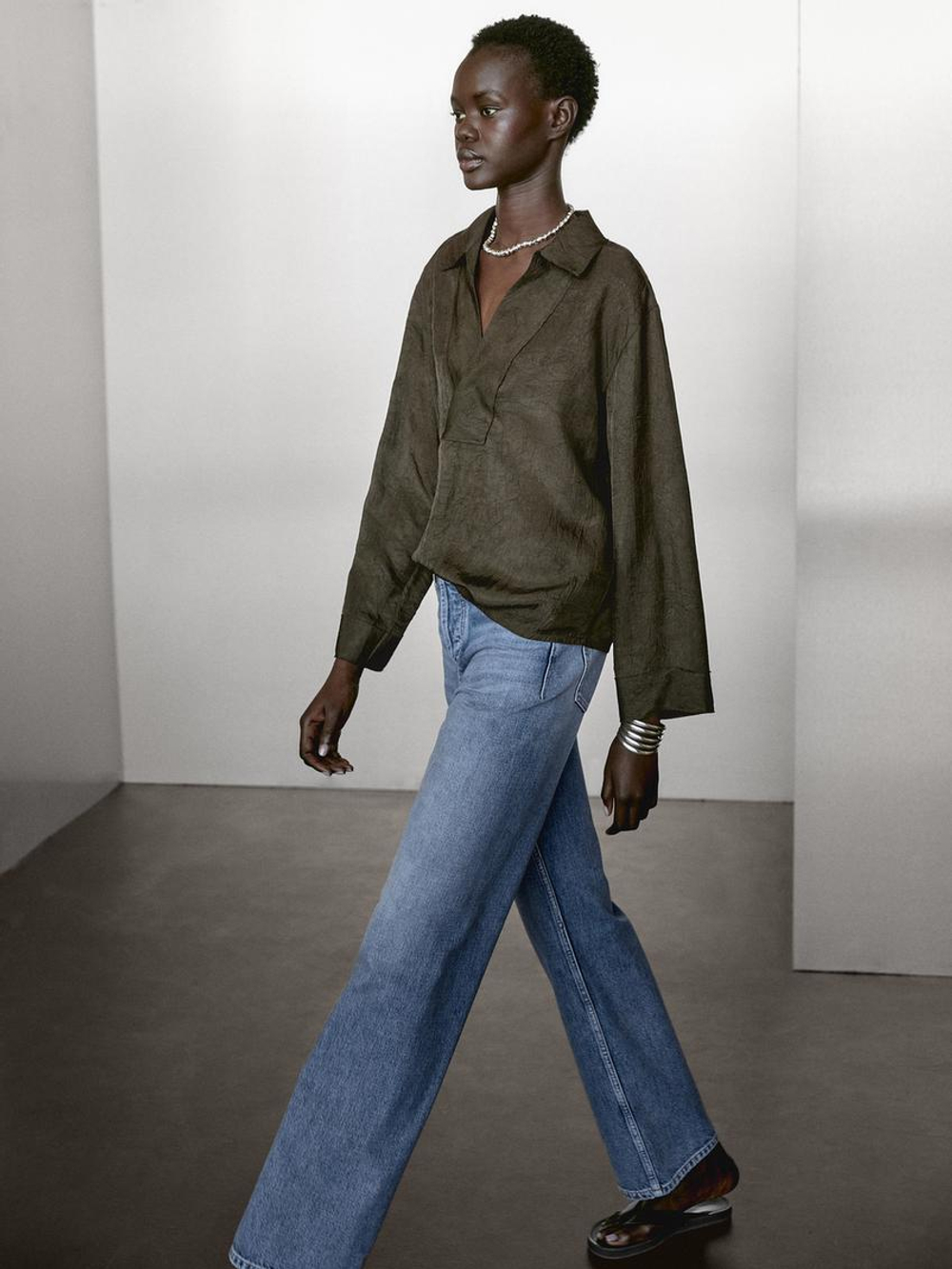 Massimo Dutti Блуза из струящейся ткани с воротником поло, антрацитово-серый