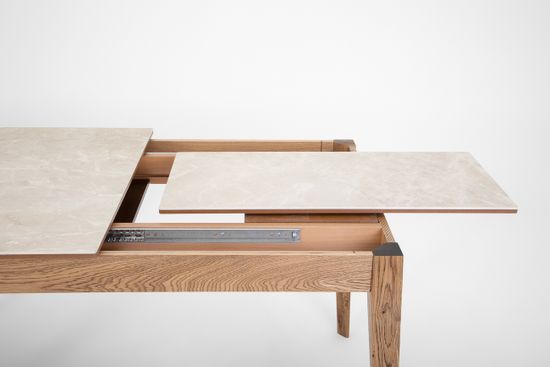 Стол Франк (дуб/нога светлый дуб с чёрной патиной/столешница керамика жемчуг)