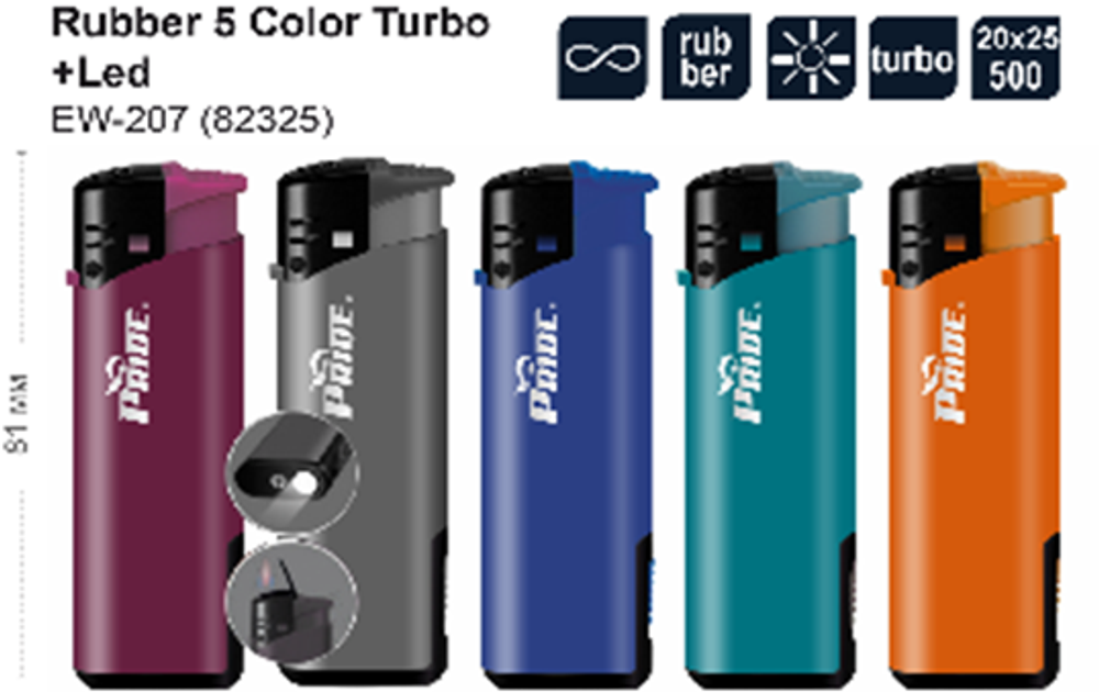 Зажигалка тм Pride EW-207 Rubber 5 Color Turbo+Led (бел фонарь) * 25шт (20бл)  82325