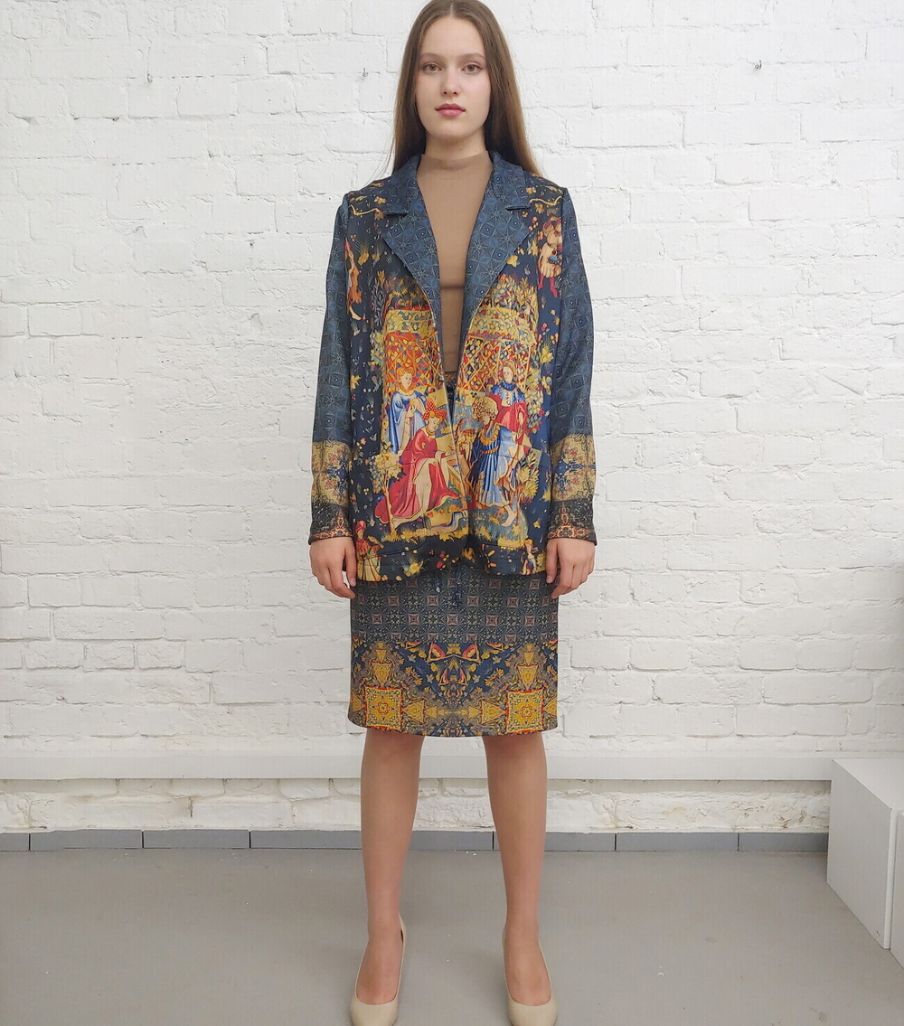 Комплект (жакет и юбка) "Кормление птиц", по мотивам средневековой шпалеры 15 века