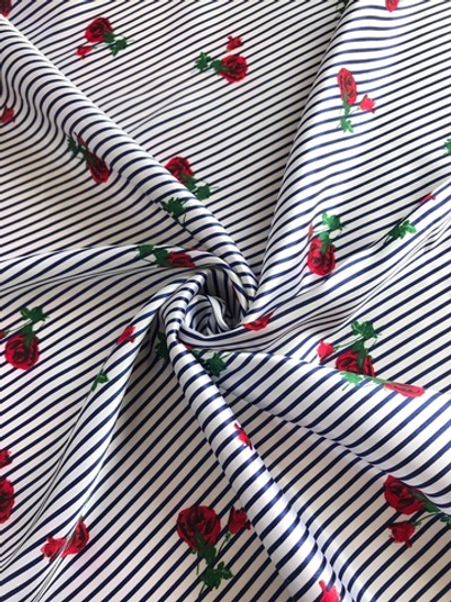 Атлас принт полоска белый/синий, спандекс SATIN D2С1