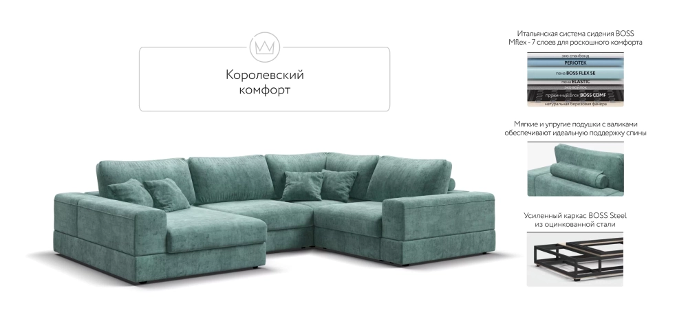 П-образный диван-кровать Босс Модуль правый (шенилл Глосс минт) — купить модульный диван с мягкими подлокотниками