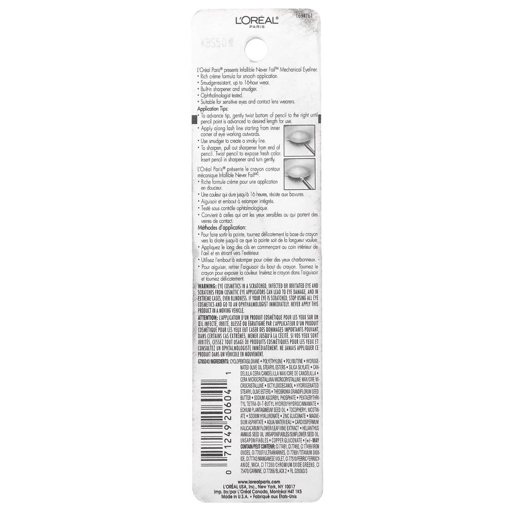 L'Oréal, Infallible, Never Fail ™, механическая подводка для глаз, оригинальный, грифель 521, 240 мг (0,008 унции)