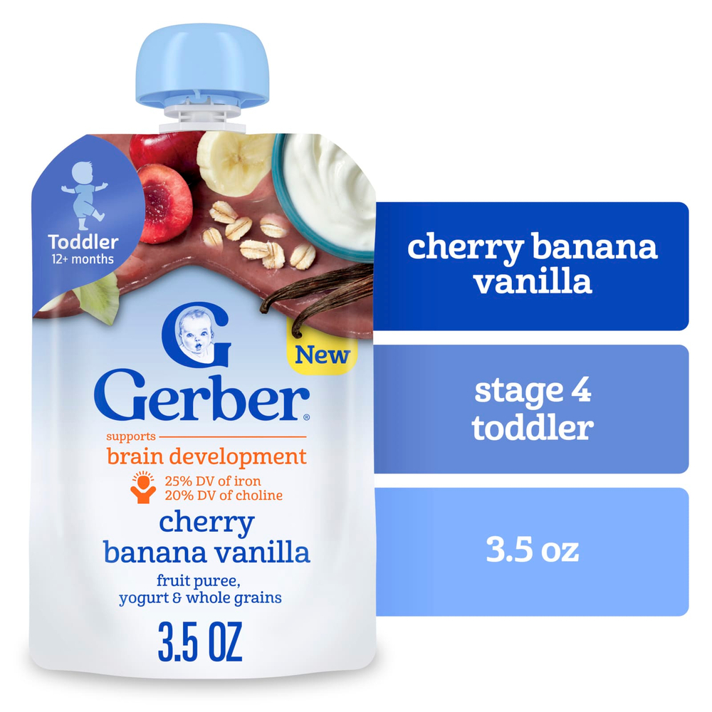 Gerber, Фруктовое пюре, йогурт и цельнозерновые, от 12 месяцев, вишня, банан и ваниль, 99 г (3,5 унции)