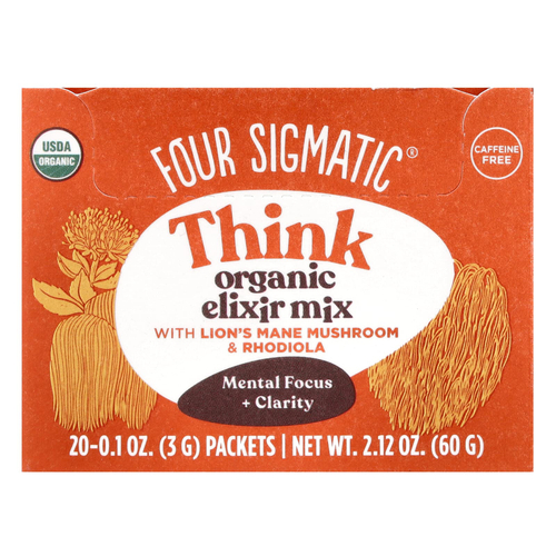 Four Sigmatic, Think, органическая смесь эликсира с грибом ежовиком гребенчатым и родиолой, без кофеина, 20 пакетиков по 3 г (0,1 унции)