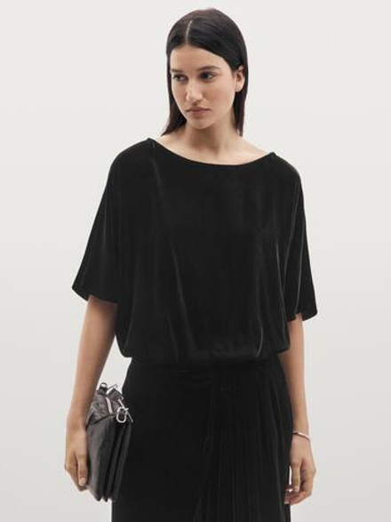 Massimo Dutti Бархатный топ с короткими рукавами, черный
