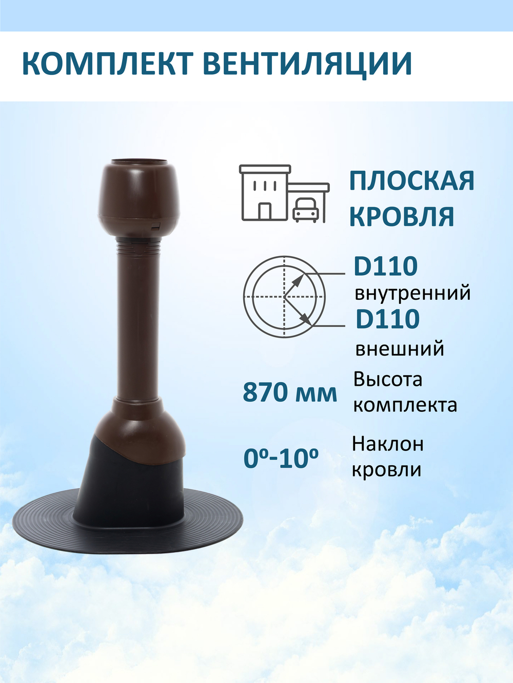 Комплект вентиляции: Вентиляционный выход D110 не утепленный высота H=500 мм, проходной элемент для плоской кровли ТП-187, колпак вентиляционный D110, серый