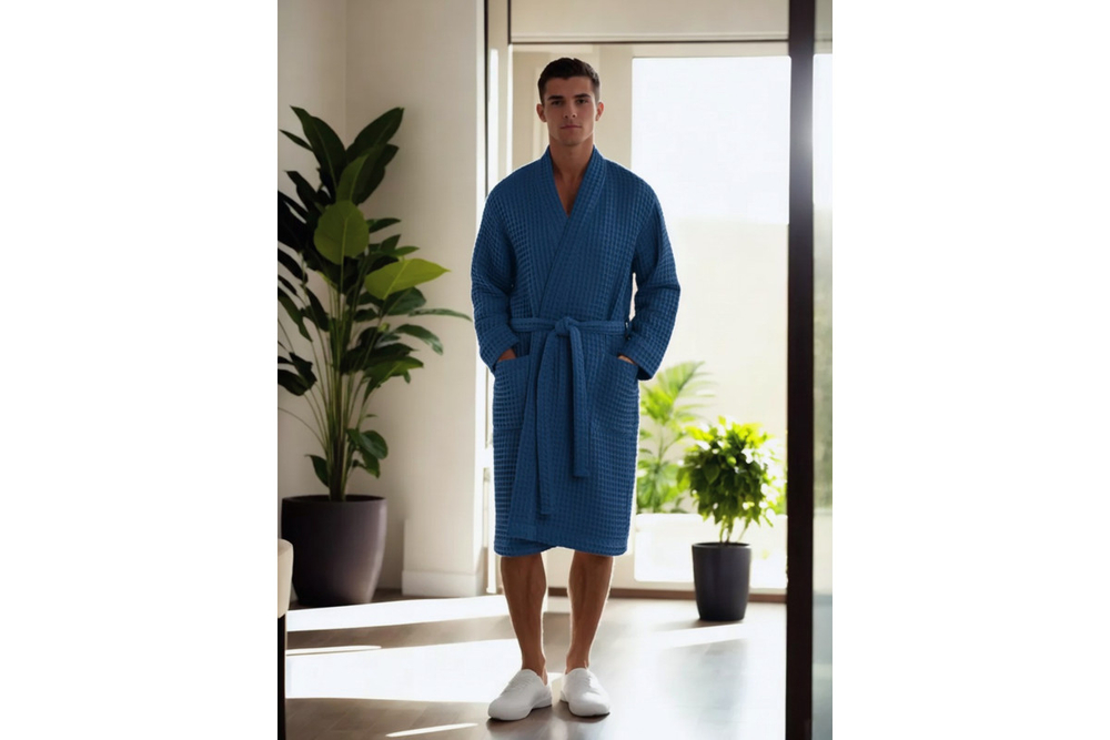 Халат вафельный мужской Home One голубой джинс 56-58