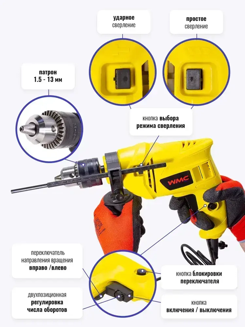 Дрель электрическая ударная с набором аксессуаров