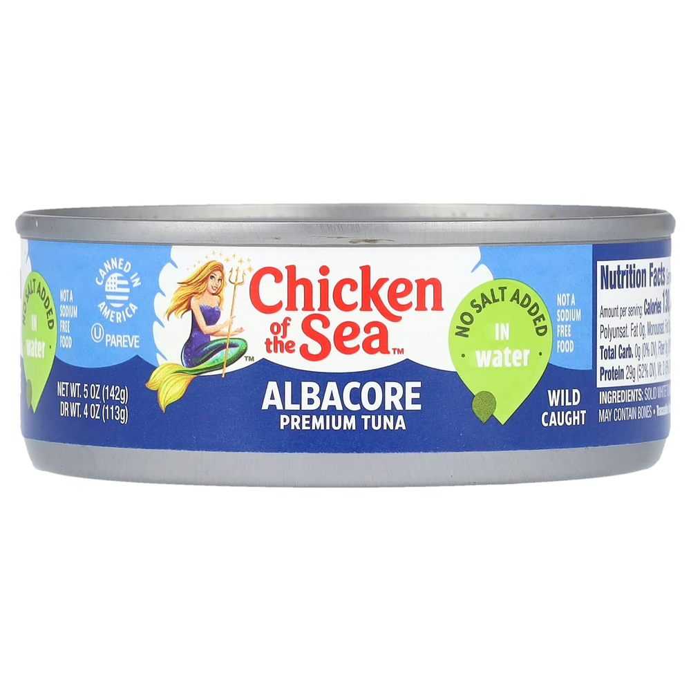 Chicken of the Sea, Albacore, тунец премиального качества в воде, без добавления соли, 142 г (5 унций)
