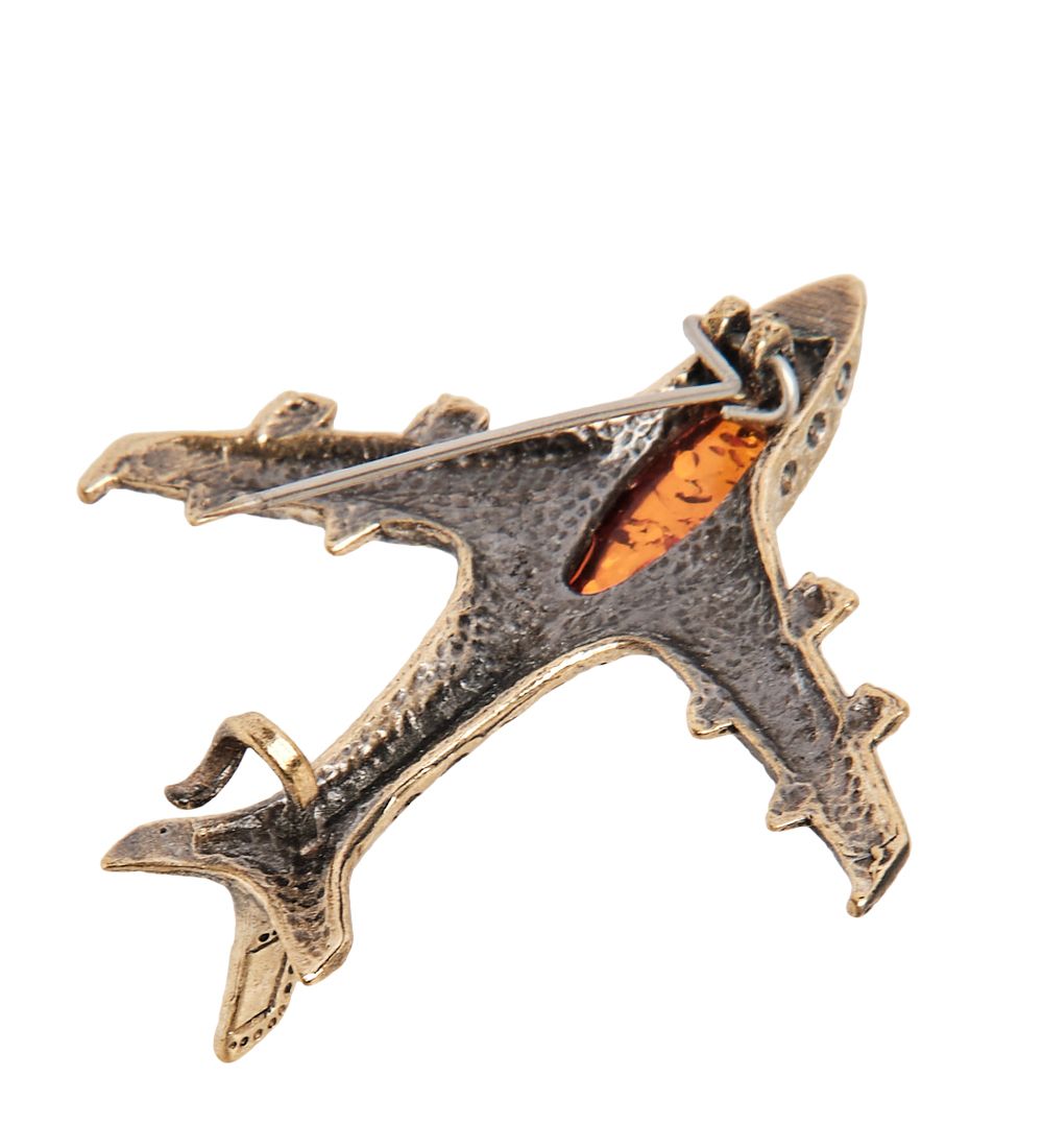 AM-1898 Брошь «Самолет Трэвел» (латунь, янтарь)