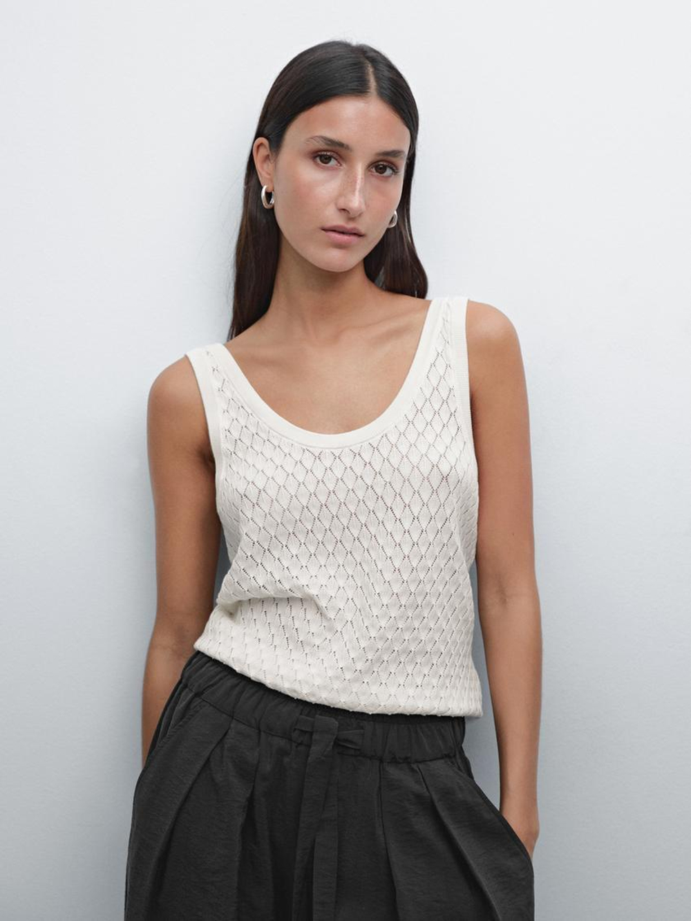 Massimo Dutti Трикотажный топ ажурной вязки с узором «ромбы», натуральный, кремовый