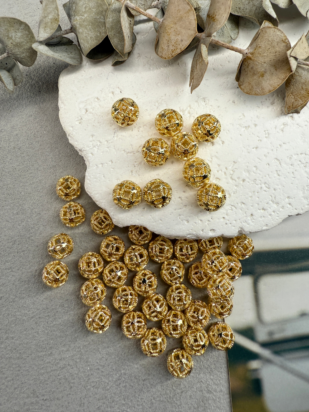 Бусина ажурная (полая) 8 мм, 10 штук позолота 14k