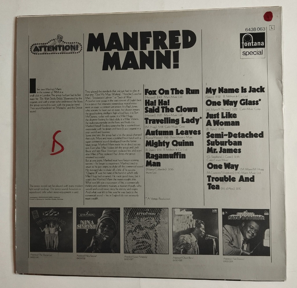 Винтажная виниловая пластинка LP Manfred Mann Attention (Germany 1978)