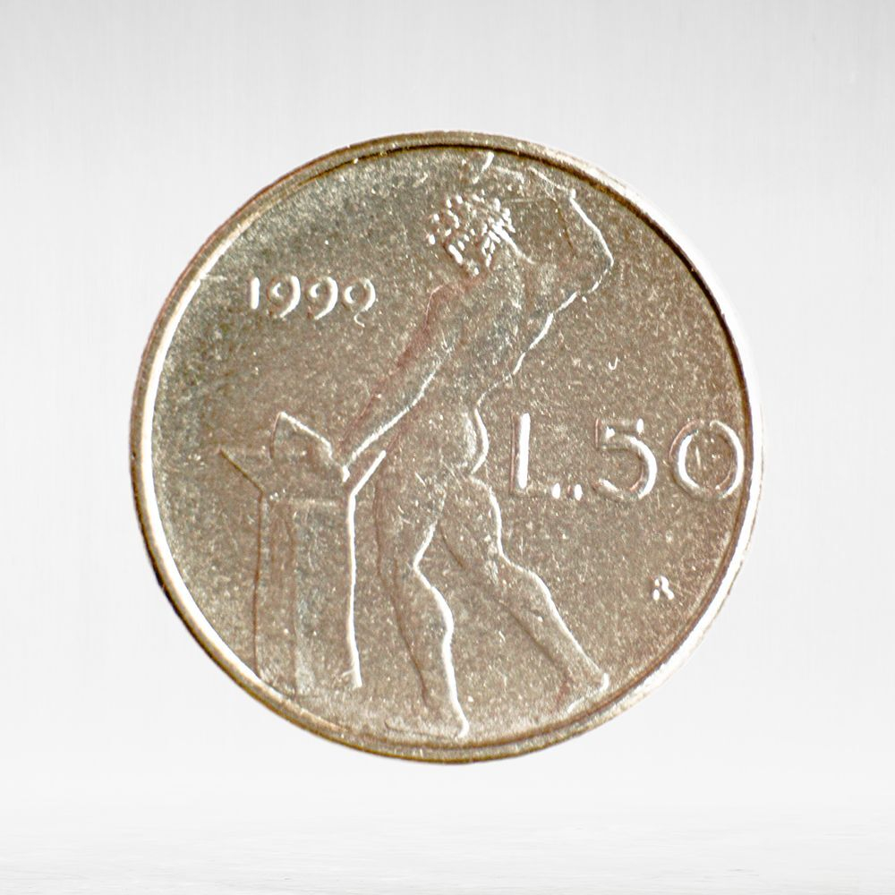 Italy 50 Lire 1990 R "Vulcan at the Anvil", Small Type, AU