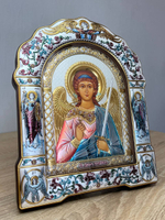 Ангел Хранитель, икона арочная с рамкой под стеклом, белое дерево, эмаль 167х228