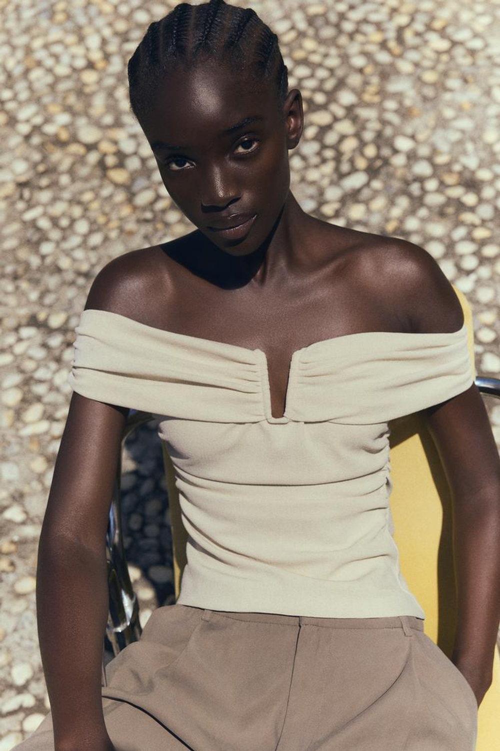 ZARA ТОП В СТИЛЕ РУСТИК С БАНТОМ, БЕЖЕВЫЙ