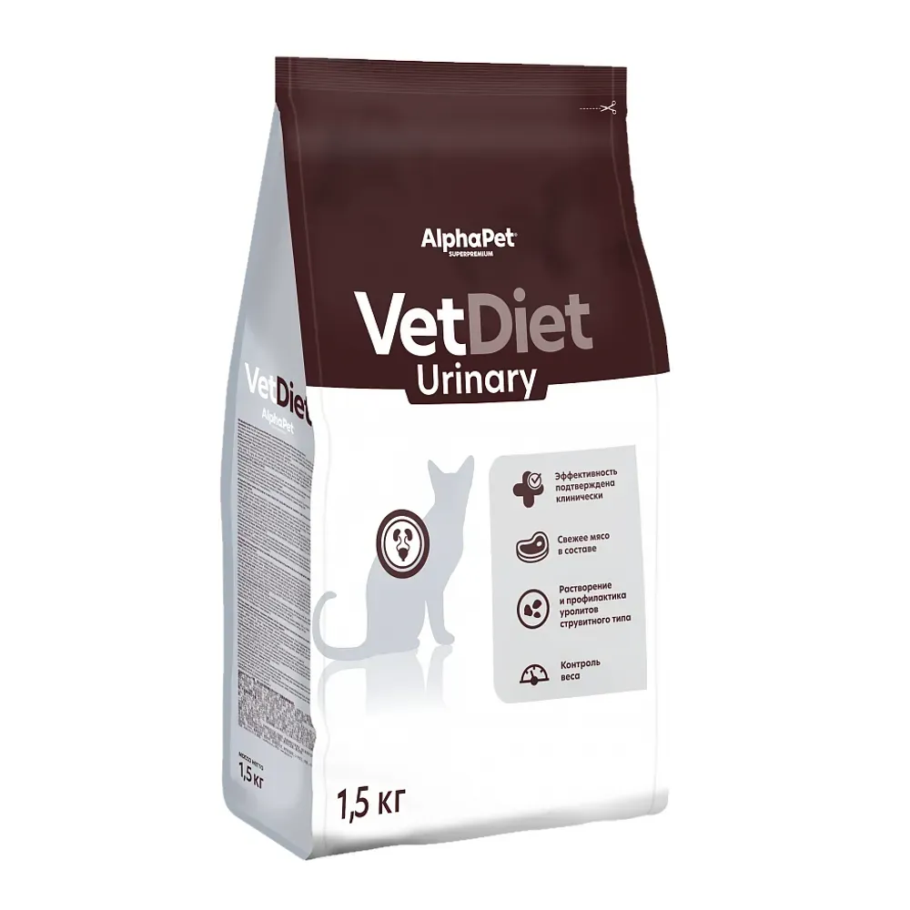 Сухой диетический корм AlphaPet VetDiet URINARY для взрослых кошек и котов при заболеваниях нижних отделов мочевыводящих путей