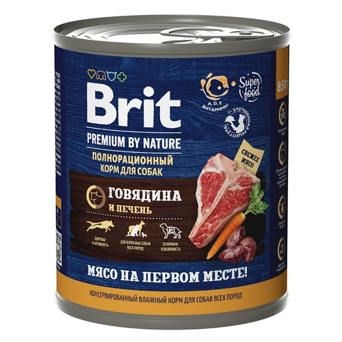 Консервы Brit Premium By Nature для взрослых собак всех пород, говядина и печень, 850 гр