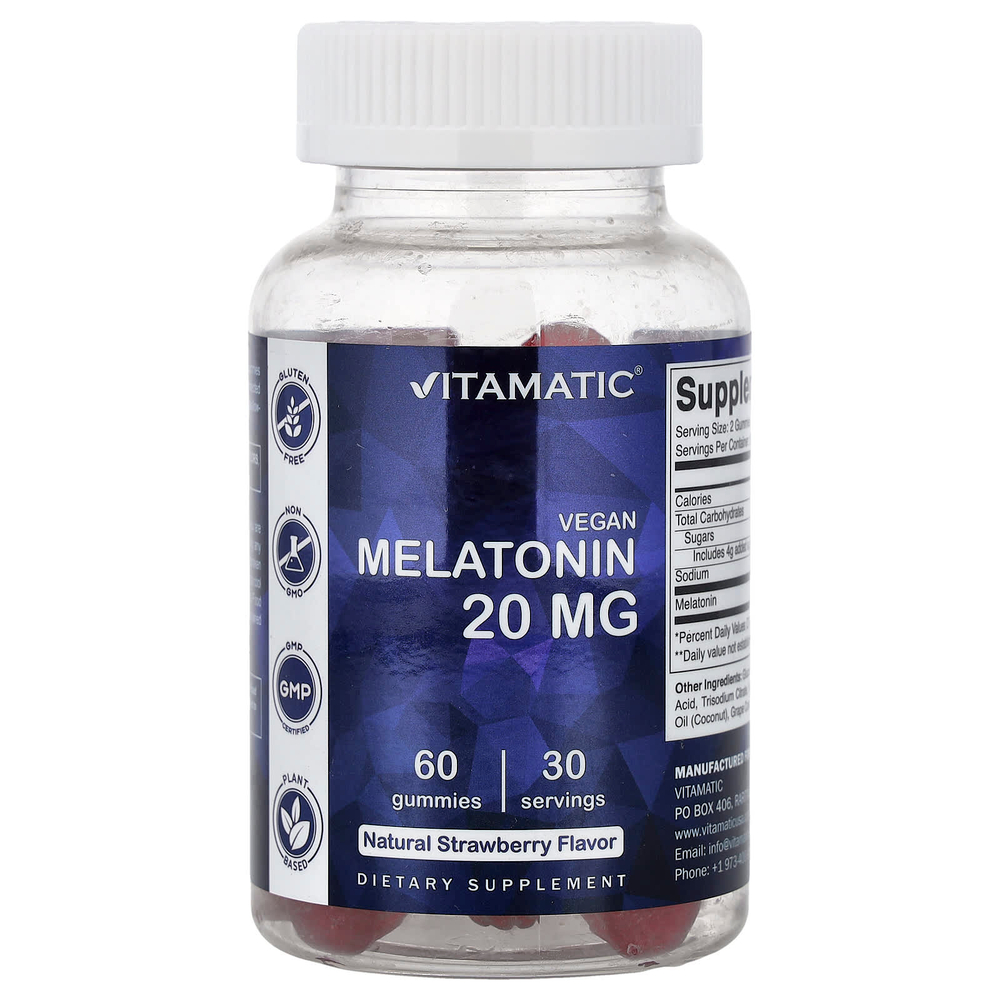 Vitamatic, веганские жевательные таблетки с мелатонином, натуральный клубничный вкус, 60 жевательных таблеток (10 мг в 1 таблетке)