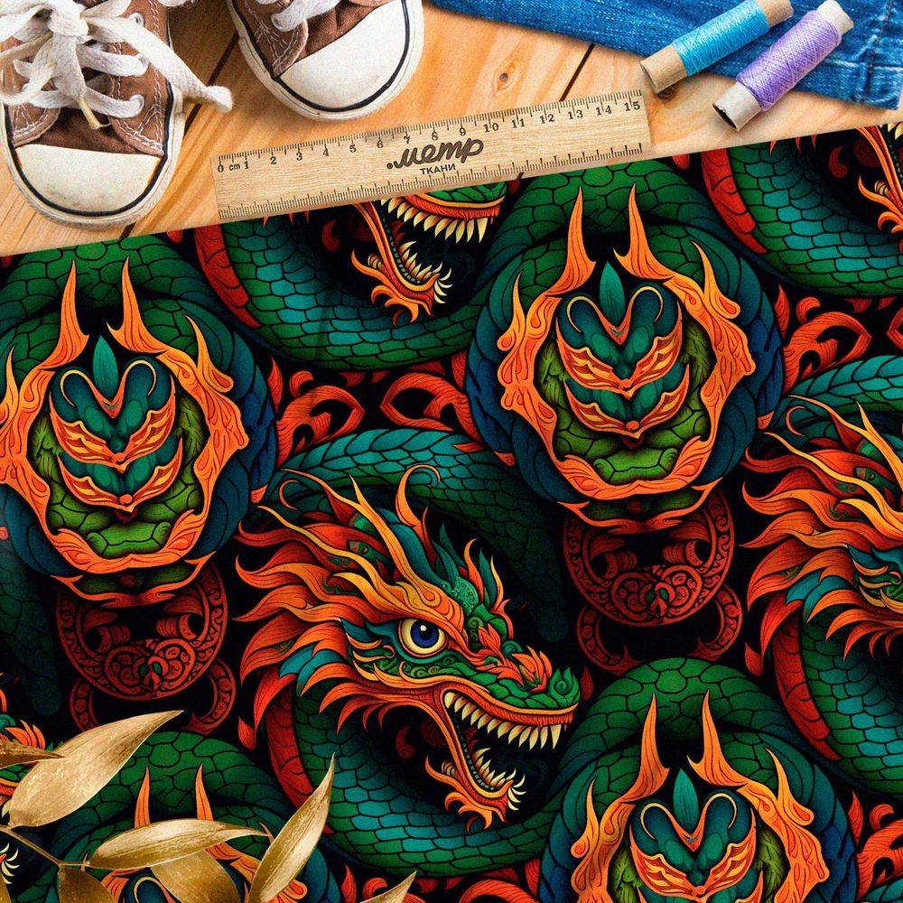 Ткань премиум бифлекс эффектные восточные драконы