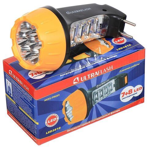 Фонарь ручной, встр акк, Ultraflash, 3 818, зар от сет220В, пластик, чер-жел, 10973