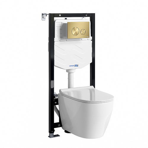 Унитаз подвесной WasserKRAFT Mindel 10TLT.010.ME.MG02.H002 безободковый, с инсталляцией Aller 10, с крышкой микролифт, белый/кнопка золото матовое