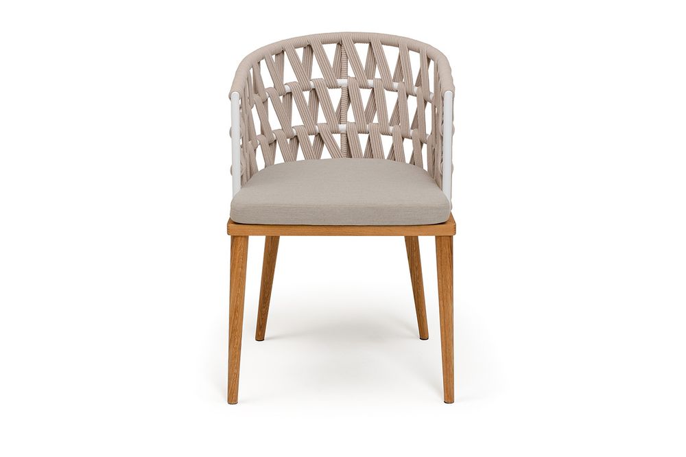 "Диего" стул плетеный из роупа, основание дуб каркас из стали белый муар, роуп бежевый круглый, ткань бежевая 052