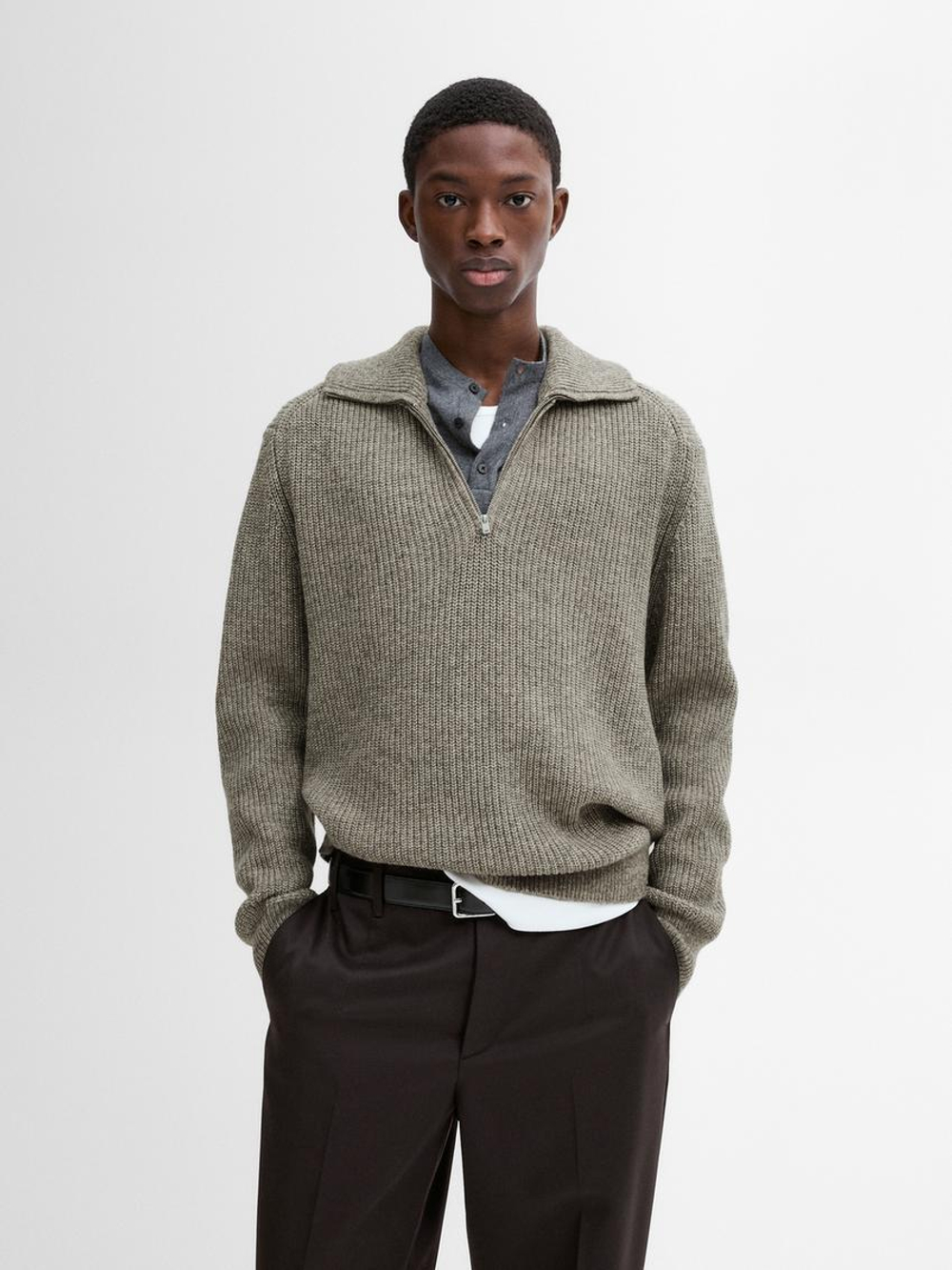 Massimo Dutti Свитер из смесового хлопка с воротником-стойкой, норка