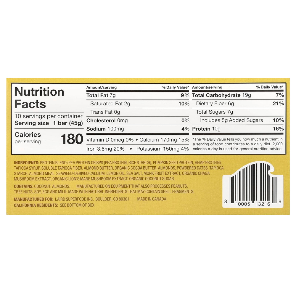 Laird Superfood, Протеиновый батончик + адаптогены, лимон и миндаль, 10 пакетиков по 45 г (1,6 унции)