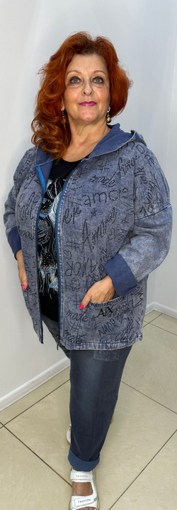 Джинсовый жакет-бомбер со стразовым принтом по лицевой стороне