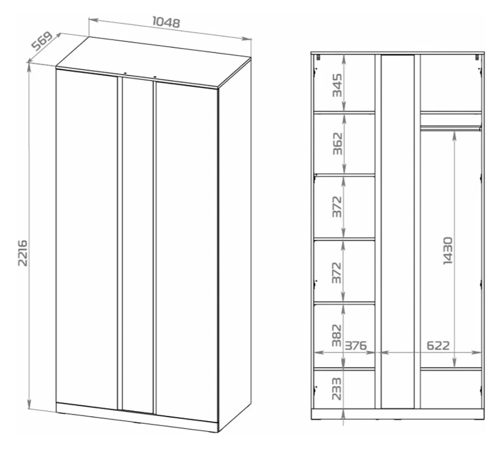Шкаф распашной ВАРМА СТОР 105 с зеркалом, 222*105*57 см, скандинавский дуб