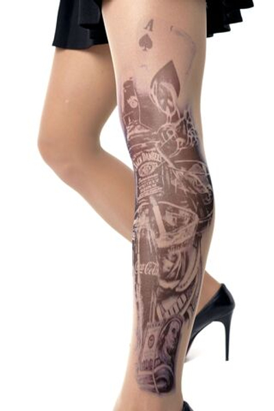Колготки с принтом в виде карт, напитков и купюр (Размер: S-M-L) (Цвет: бежевый)