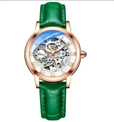 Часы наручные механические с автоподзаводом скелетоны CHENXI на кожаном ремешке, белый/зеленый W9090-03