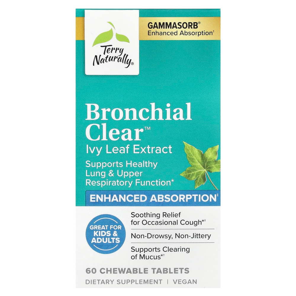 Terry Naturally, Bronchial Clear ™, экстракт листьев плюща, 60 жевательных таблеток (50 мг на таблетку)