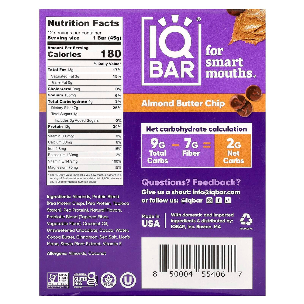 IQBAR, Plant Protein Bar, чипсы из миндального масла, 12 батончиков, по 45 г (1,6 унции)