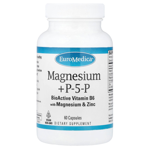 EuroMedica, магний + P5P, 60 капсул