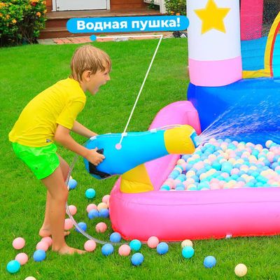 Большой надувной батут для дома и дачи с горкой и бассейном для воды и шариков «Сказочный единорог»