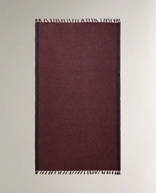 ZARA HOME ЛЬНЯНОЕ ПЛЯЖНОЕ ПОЛОТЕНЦЕ С ПОЛОСКОЙ, БОРДО