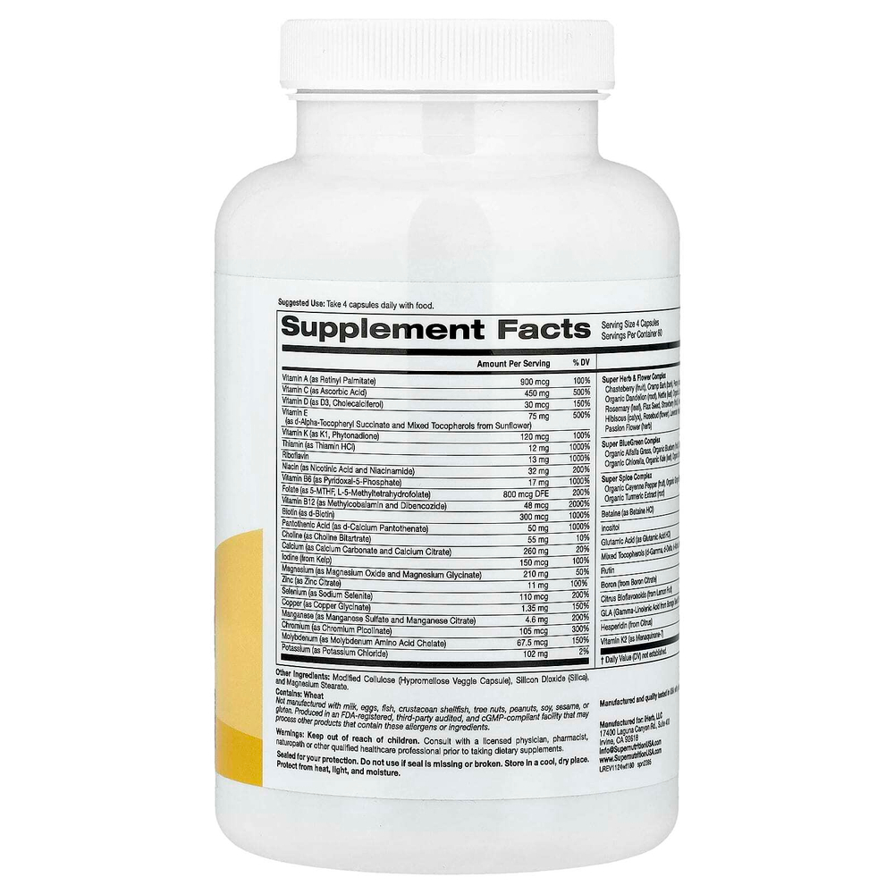 Super Nutrition, мультивитамины для женщин, с растительными компонентами, зеленью, специями и витамином A для поддержки баланса, без железа, 240 растительных капсул