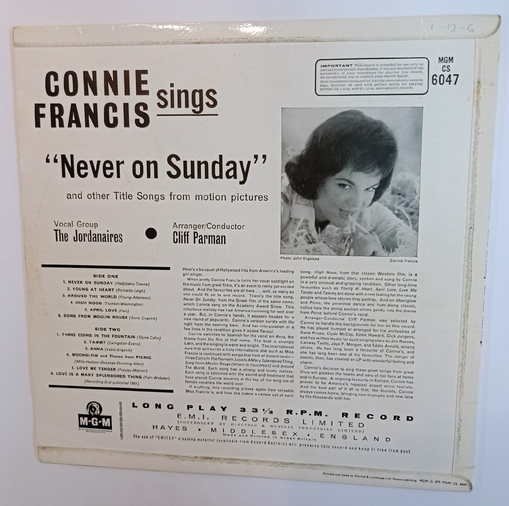 Connie Francis Sings Never On Sunday And Other Title Songs From Motion Pictures (UK 1962)