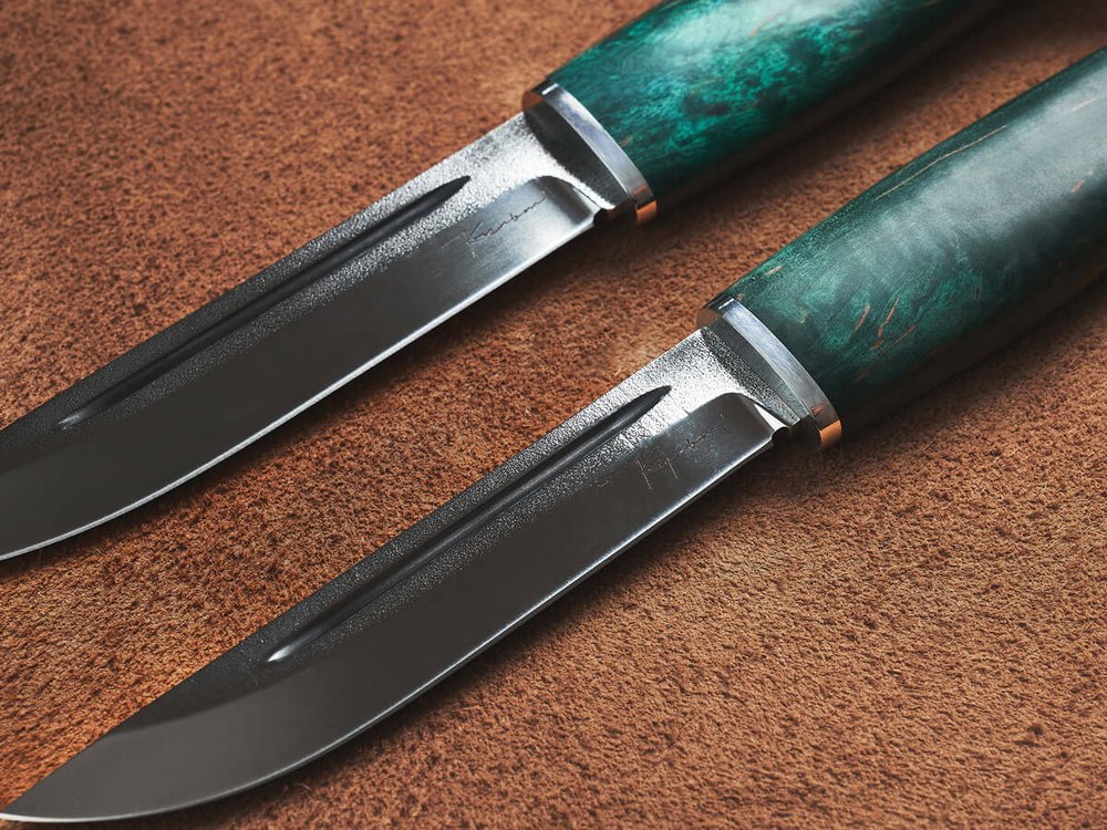 Спарка Финских ножей, сталь Х12МФ, рукоять зеленая стабилизированная карельская береза