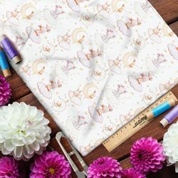 Ткань дюспо зайчики и слонята на месяцах и облаке